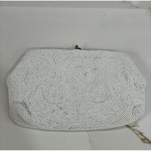 Vintage Beaded Clutch Handbag White Belgium Patterned Glass Seed MCM Kisslock